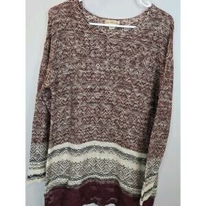 Live & Let Live Large Burgundy Ivory Multi Print Pullover Sweater Lace Hem Boho